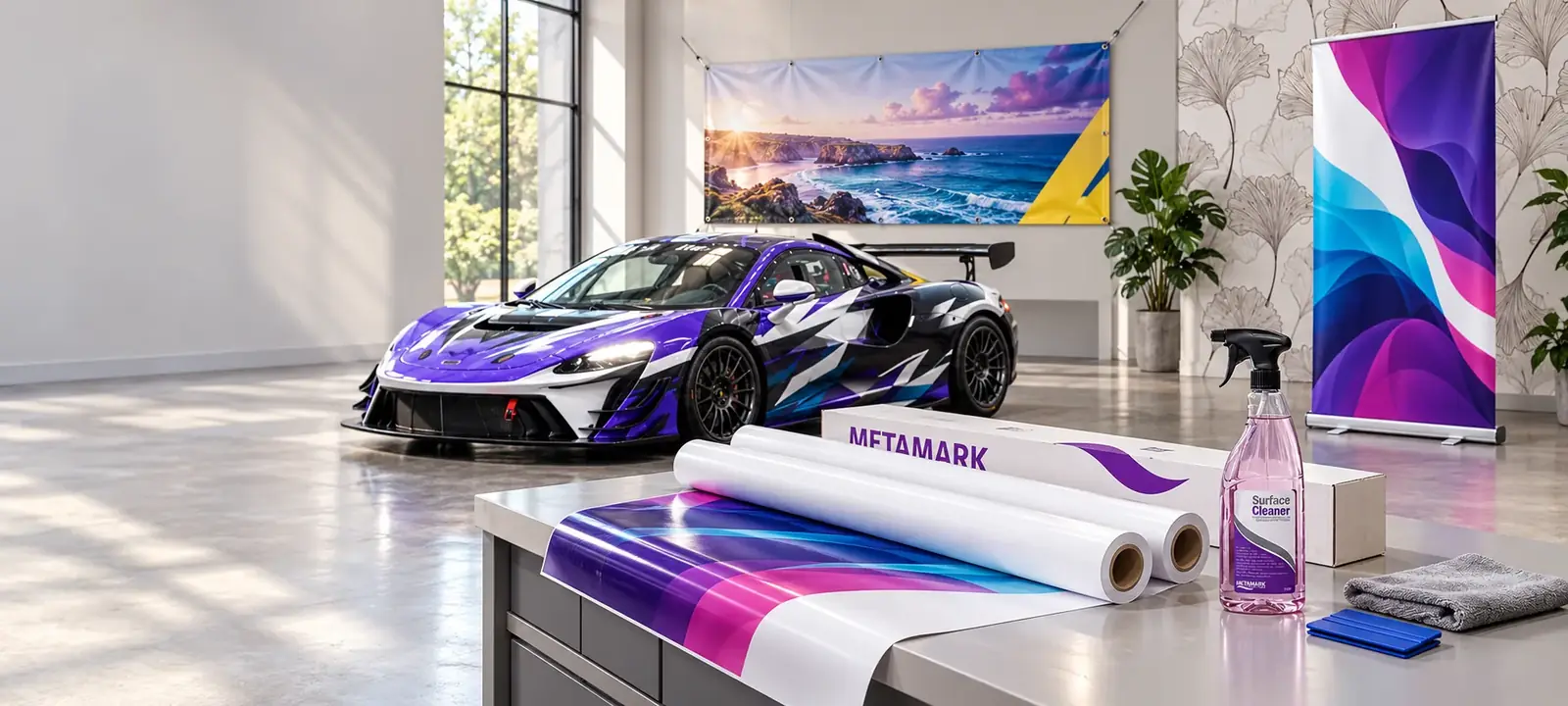 Digital printing consumables: a vinyl-wrapped car, a PVC banner, a roll-up display, Metamark vinyl rolls and surface cleaner