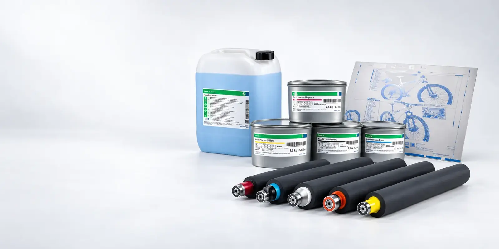 Offset printing consumables: process inks, fountain solution, a printing plate and inking rollers